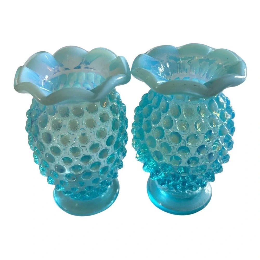 Vintage Pair-Fenton Blue Hobnail Ruffled Opalescent Glass Miniature Vases #13